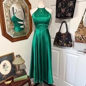 Y2K Blondie Nites Emerald Green Satin Halter Neck Lace Up Corset Formal Dress 3